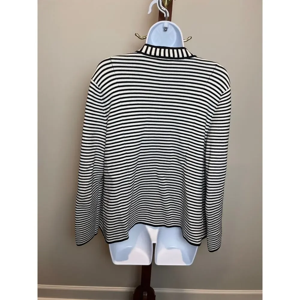 Talbots Size M Open‑Knit Blazer White With Black Stripes Button Detail